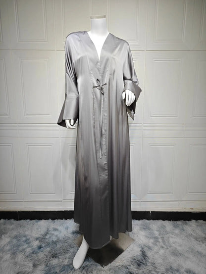 Middle Eastern Muslim Robe Fashion Satin Soft Dress Open Front Outerwear Abaya Solid Color