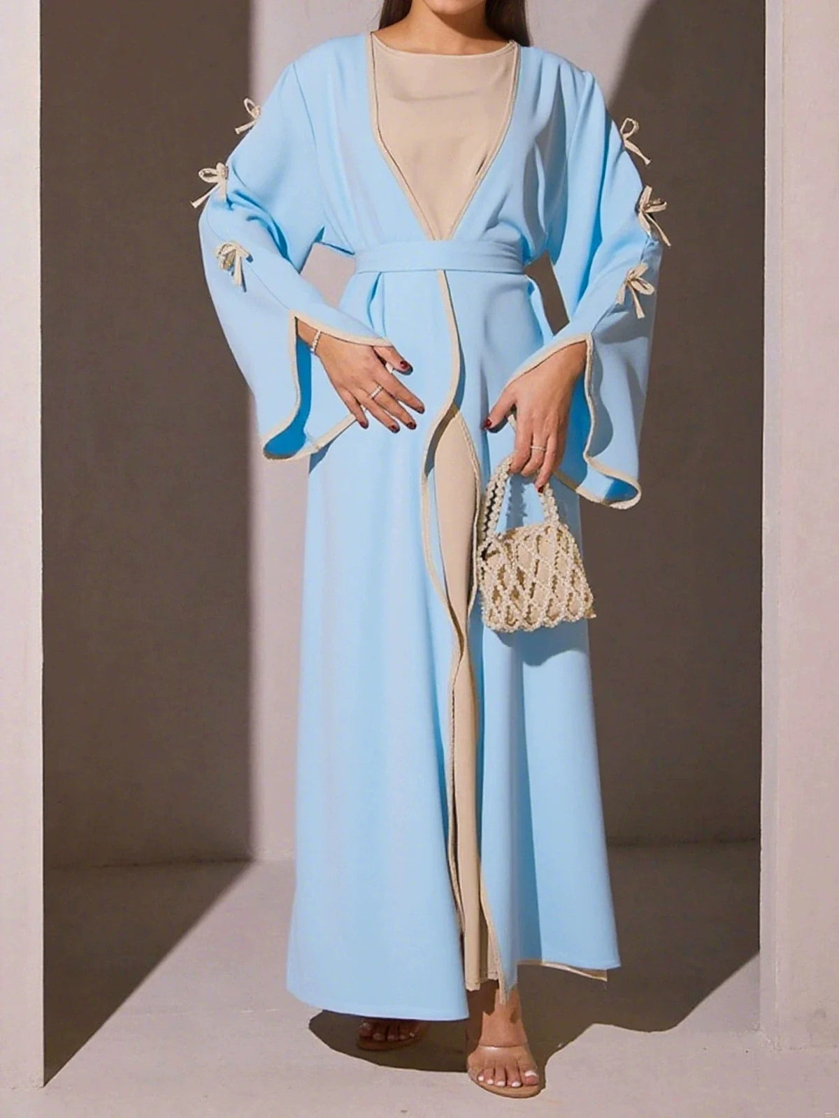 Ladies' Arab Long Gown with Bow Knot Soft Comfortable Casual Solid Color Outer Dress with Belt