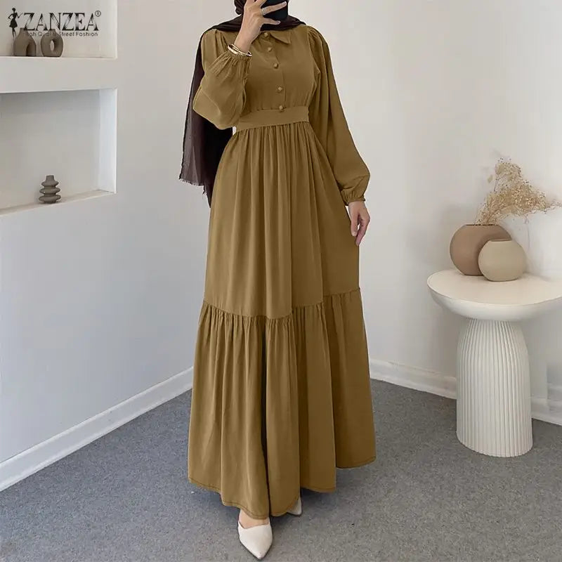 2026 ZANZEA Muslim Hijab Dresses Abaya Women Elegant Long Sleeve Pleated Sundress Solid Belted Party Robe Kaftan Dubai Vestidos