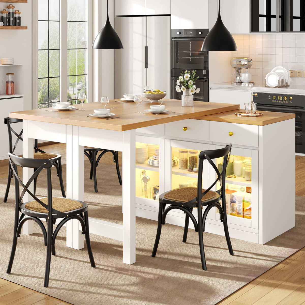 Wholesale Extendable kitchen island with rotatable table, LED lights and storage ARMOIRESTYLE