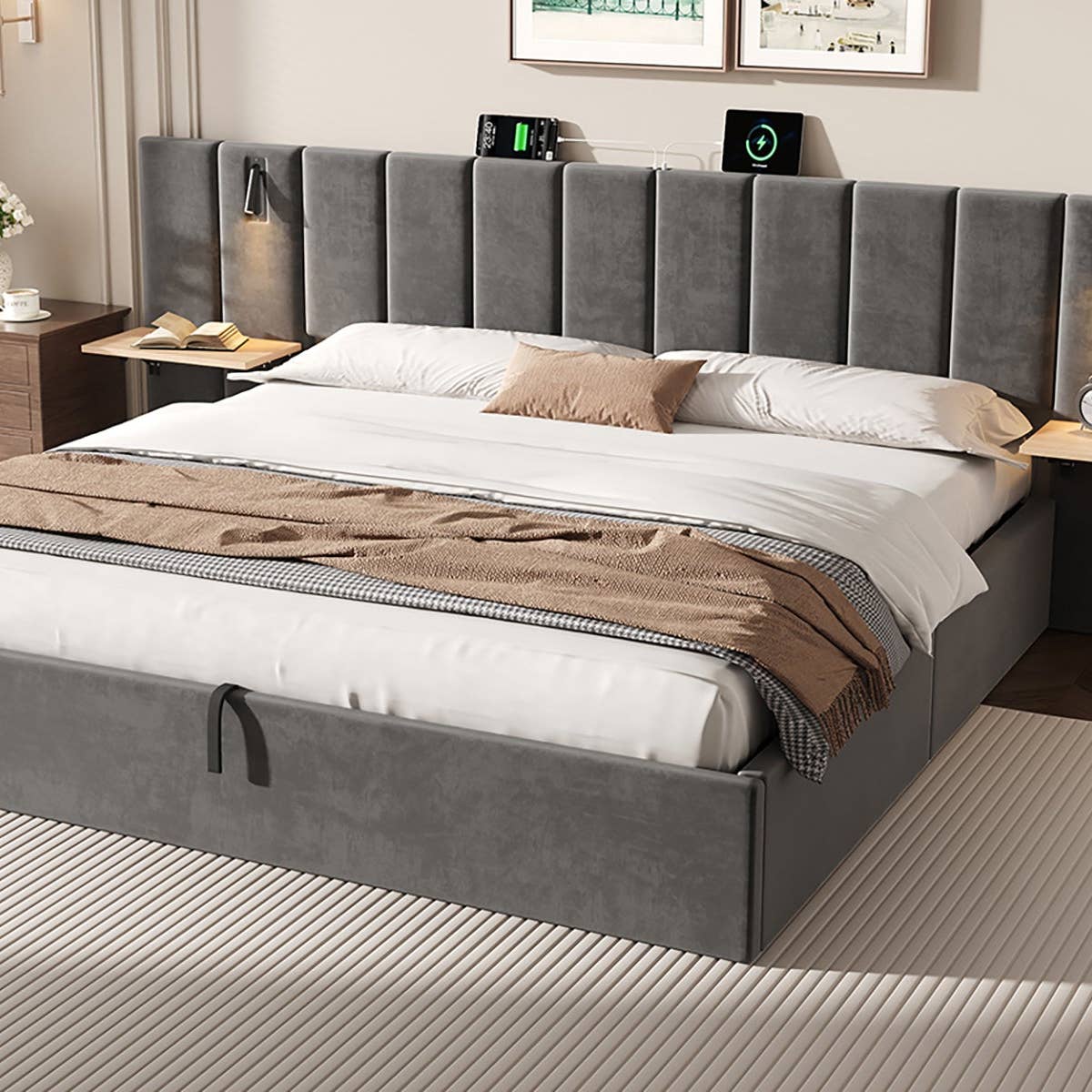 Wholesale Super king grey velvet-upholstered end-opening ottoman bed frame with side tables, lamps and charging station, 180×200 cm LATTICERO
