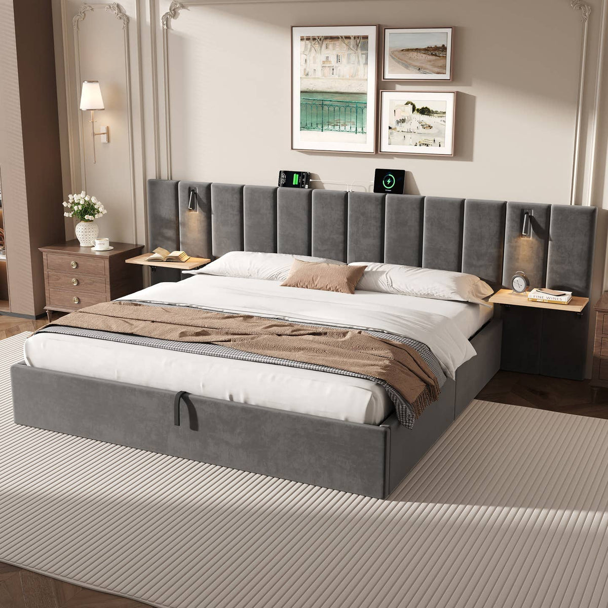 Wholesale Super king grey velvet-upholstered end-opening ottoman bed frame with side tables, lamps and charging station, 180×200 cm LATTICERO