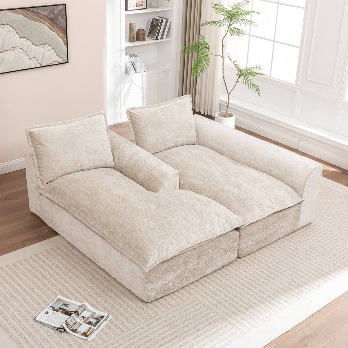 Wholesale Ivory Chenille L‑Shaped Modular Sectional Compressed Sofa
