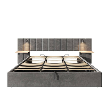 Wholesale Super king grey velvet-upholstered end-opening ottoman bed frame with side tables, lamps and charging station, 180×200 cm LATTICERO