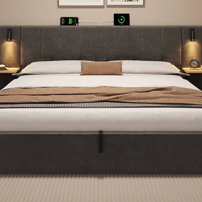 Wholesale Super king grey velvet-upholstered end-opening ottoman bed frame with side tables, lamps and charging station, 180×200 cm LATTICERO