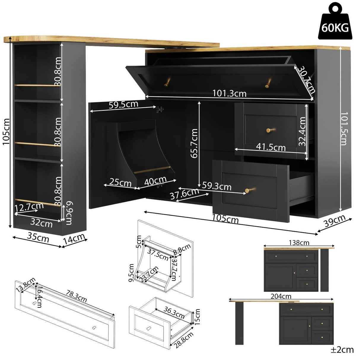 Wholesale Extendable bar table black with storage kitchen cabinet with snack shelf (138-204×39×105cm) MANGROVEPROP