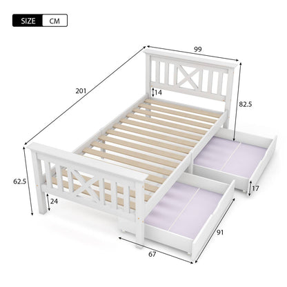 Wholesale White Solid Pine Wood Single Bed Frame with 2 Under Bed Drawers