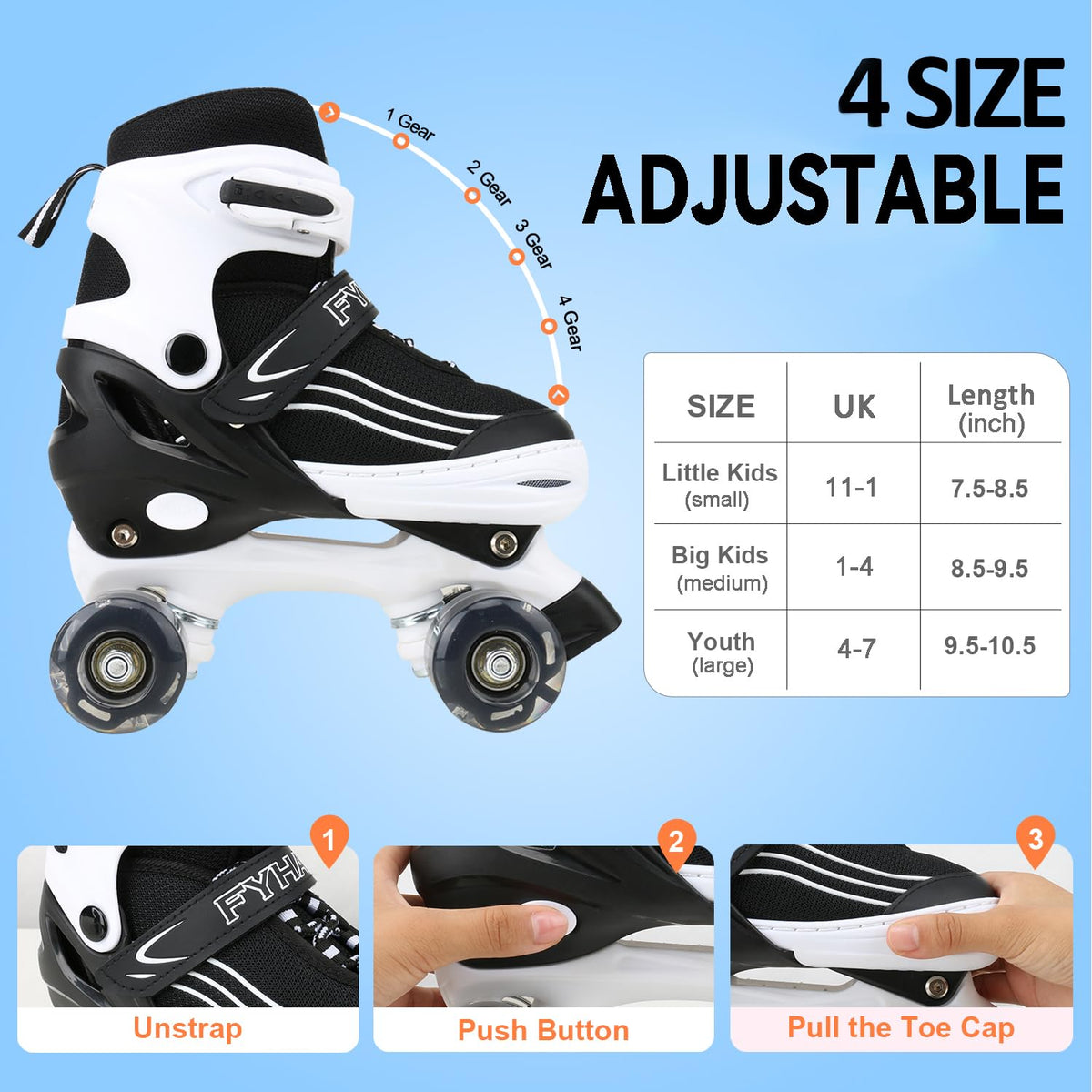 Kids Adjustable Roller Skates Light-Up Wheels Indoor/Outdoor Size UK 4-7 – White/Black